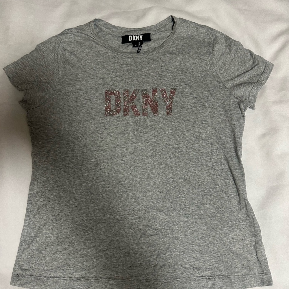 DKNY Heather Gray Tee with Black Accents short sleeves round neck